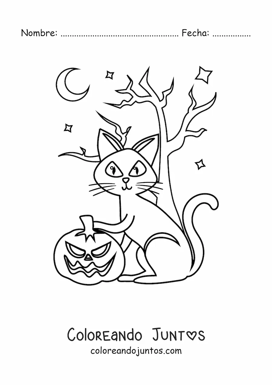Imagen para colorear de gato animado con calabaza de Halloween