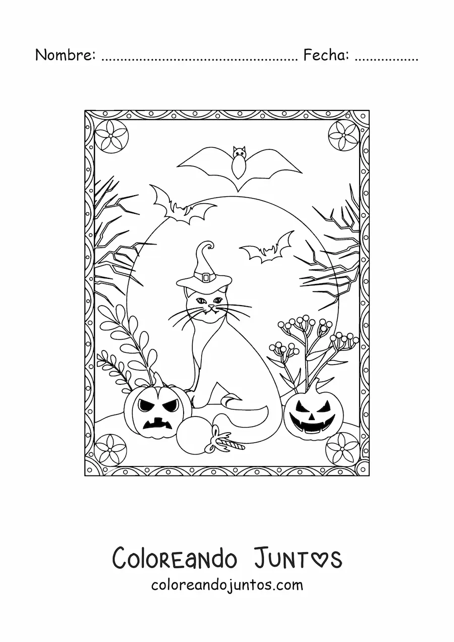 Imagen para colorear de gato con calabazas aterradoras de Halloween y murciélagos