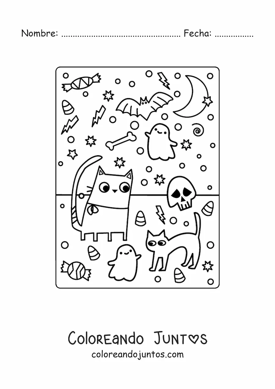 Imagen para colorear de gatos animados con fantasmas y dulces de Halloween