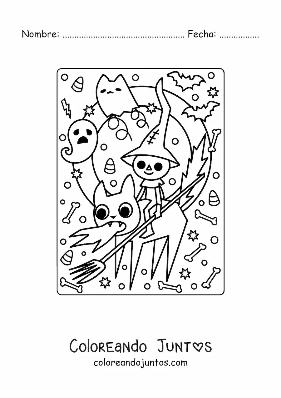 Imagen para colorear de gato con fantasma kawaii de Halloween