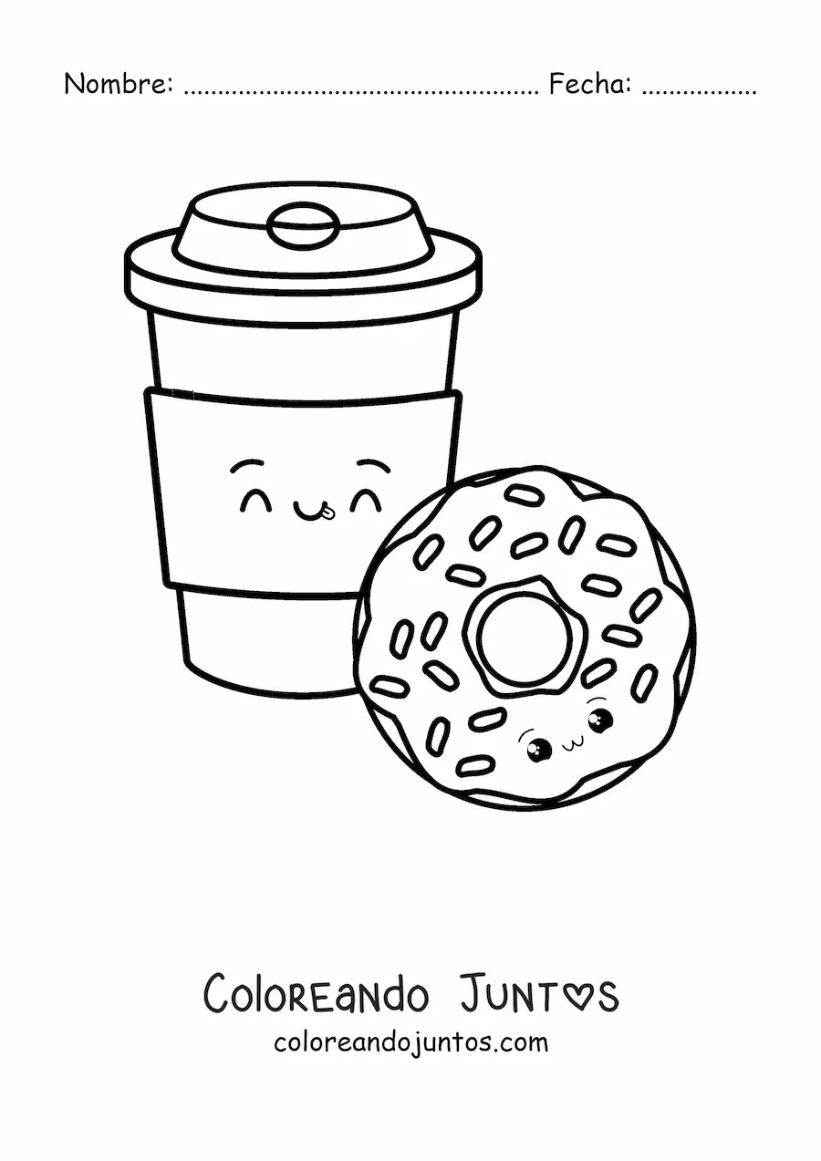 Imagen para colorear de una dona y un café kawaii