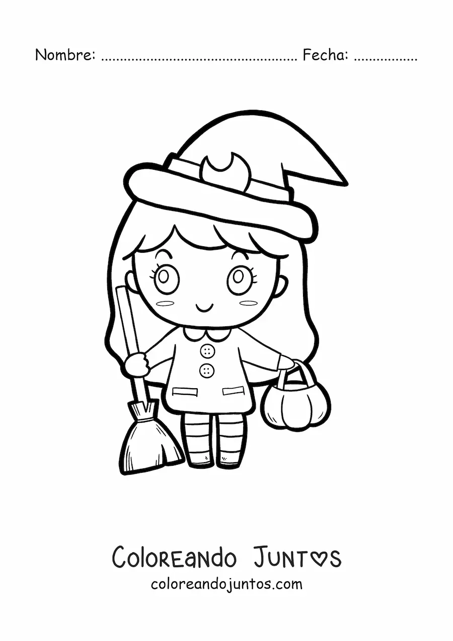 Imagen para colorear de niña kawaii disfrazada de brujita