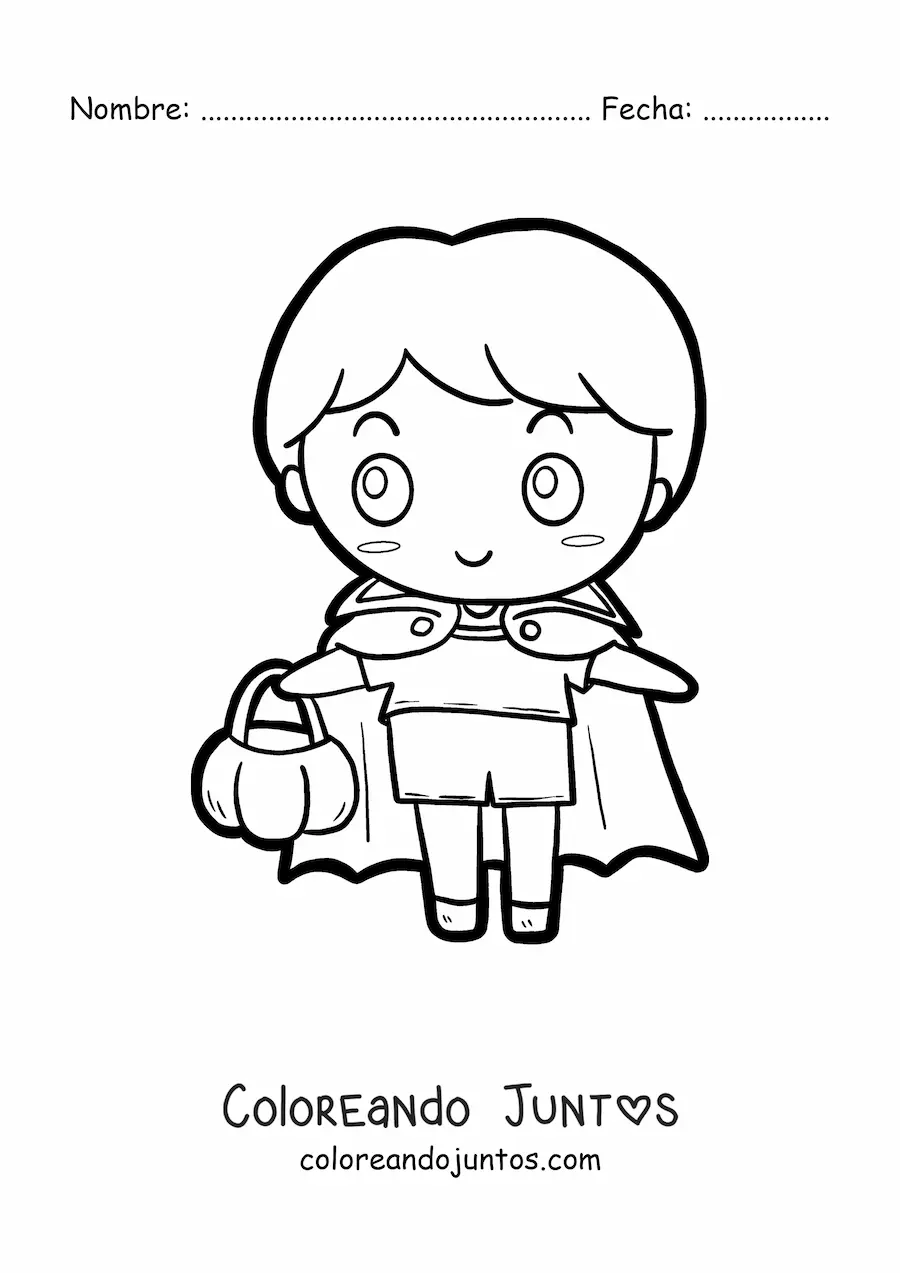 Imagen para colorear de niño kawaii disfrazado del conde Drácula