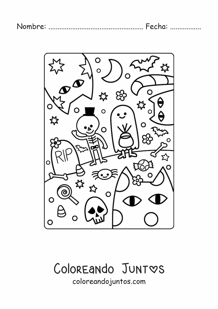 Imagen para colorear de niños disfrazados de fantasma y esqueleto en fiesta de Halloween