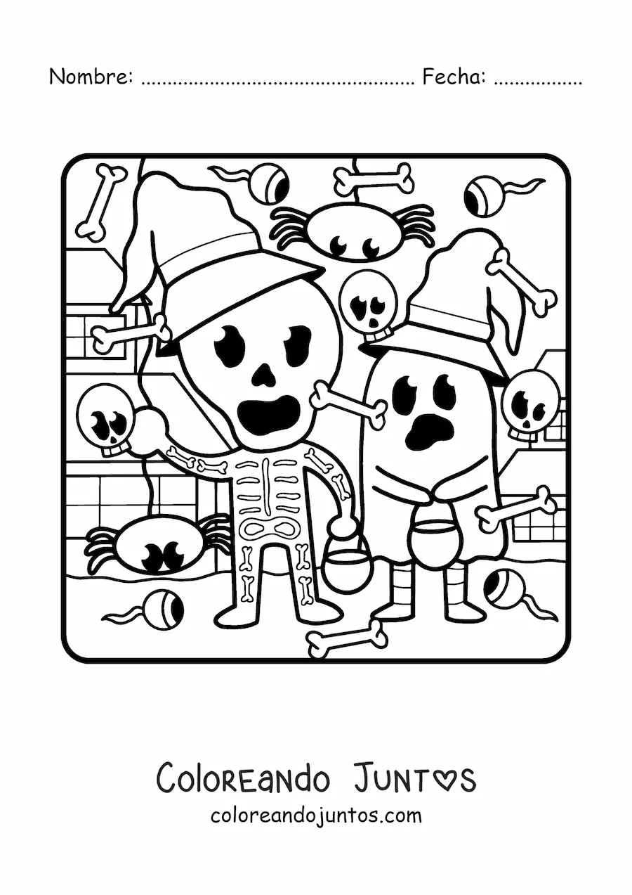 Imagen para colorear de niños disfrazados de fantasma y esqueleto en Halloween