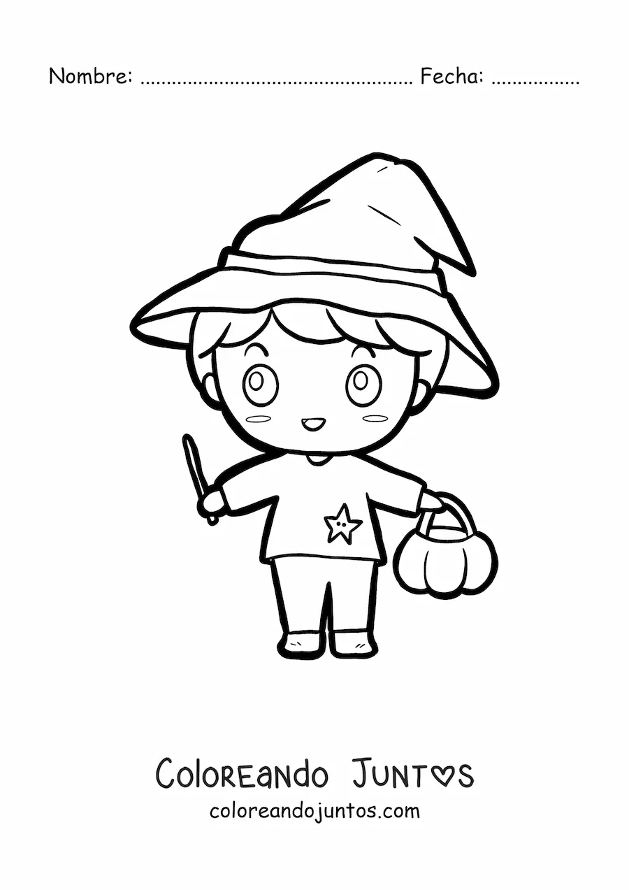 Imagen para colorear de niño con disfraz de hechicero en Halloween