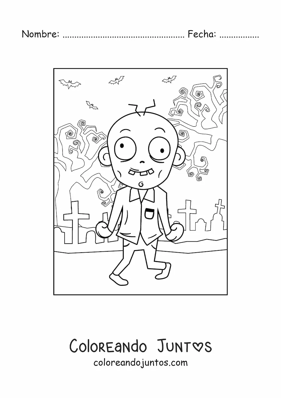 Imagen para colorear de zombie animado bailando en un cementerio en Halloween