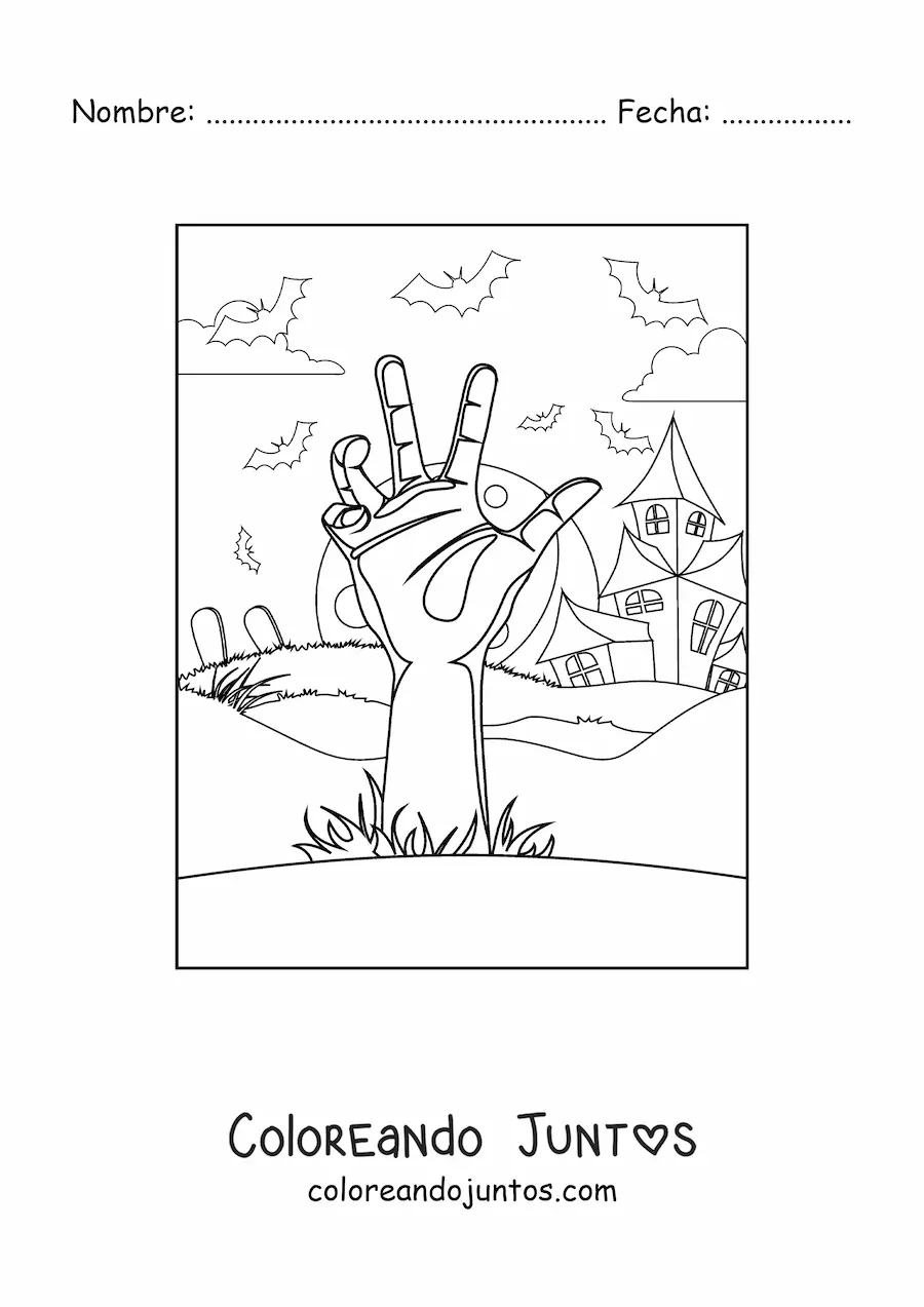 Imagen para colorear de mano de un zombie saliendo de su tumba en Halloween