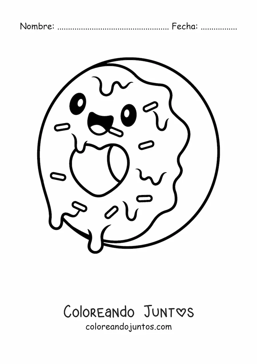Imagen para colorear de una dona animada kawaii con un corazón en el centro