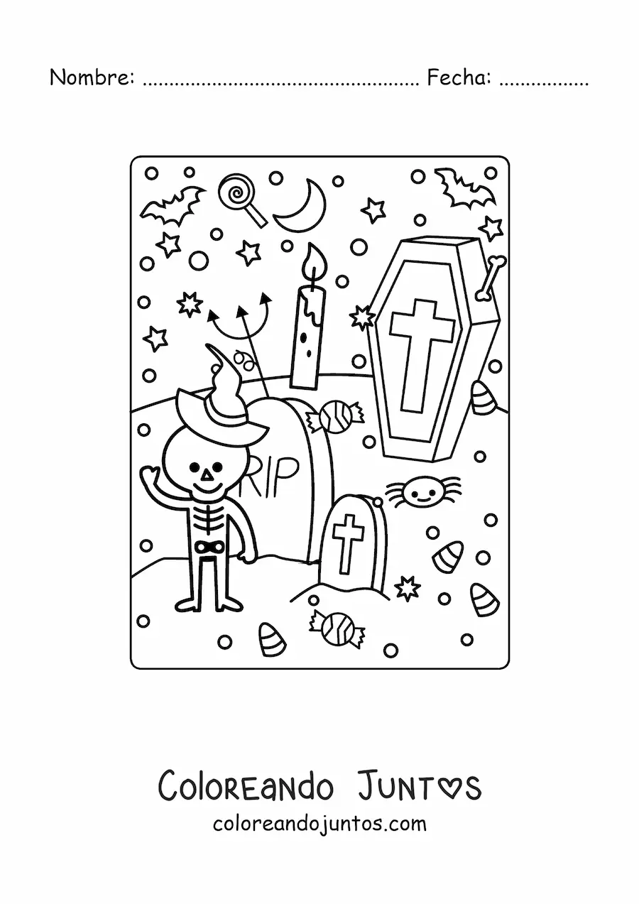 Imagen para colorear de cementerio con esqueleto kawaii de Halloween