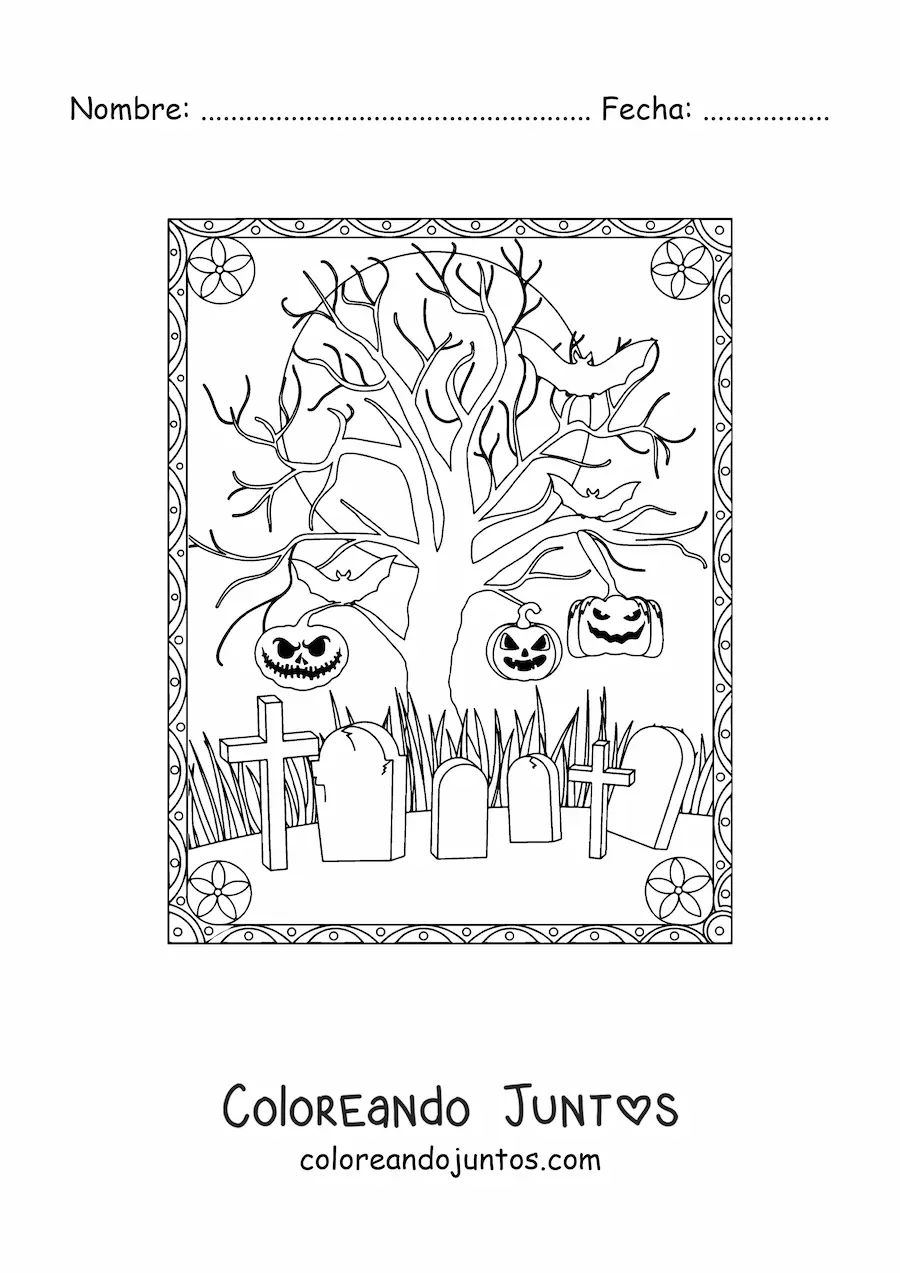 Imagen para colorear de cementerio aterrador en la noche de Halloween