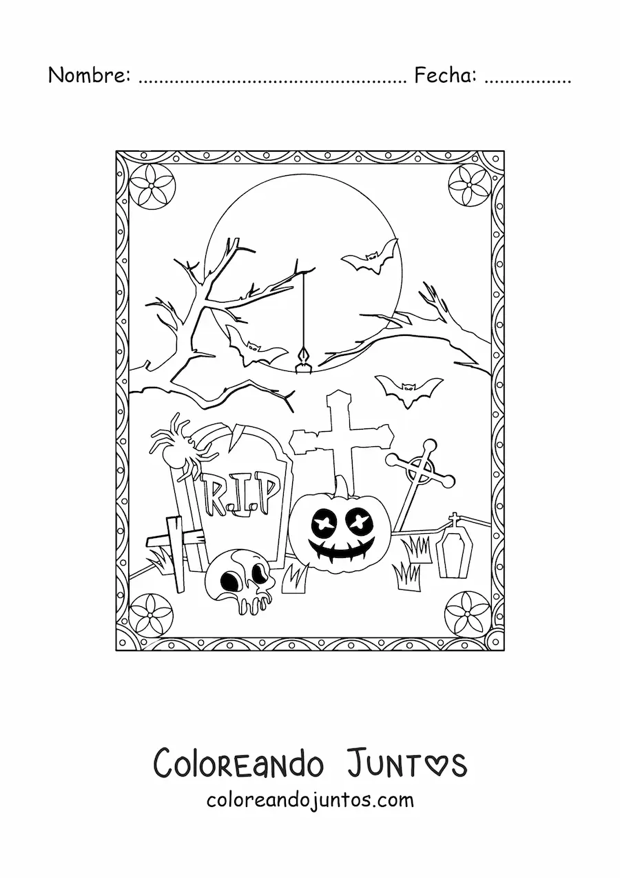 Imagen para colorear de tumbas con calavera en la noche de Halloween