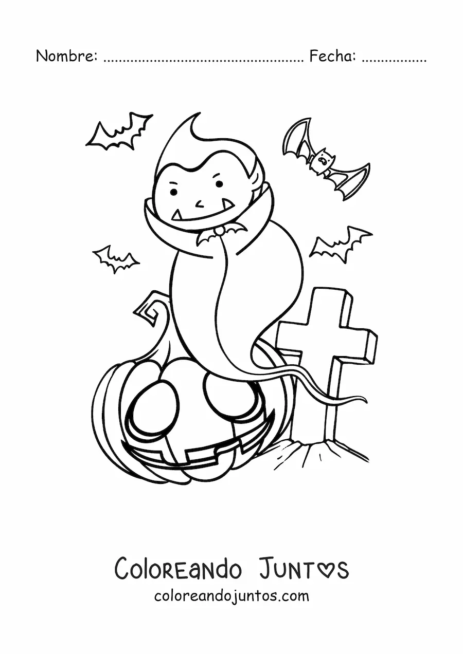 Imagen para colorear de vampiro animado con calabaza de Halloween