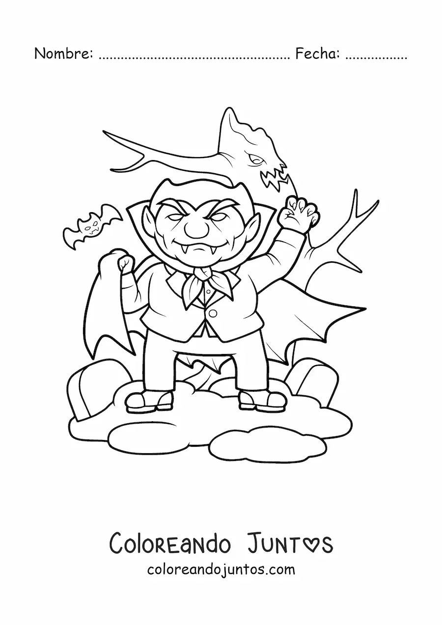 Imagen para colorear de vampiro animado en Halloween con murciélagos