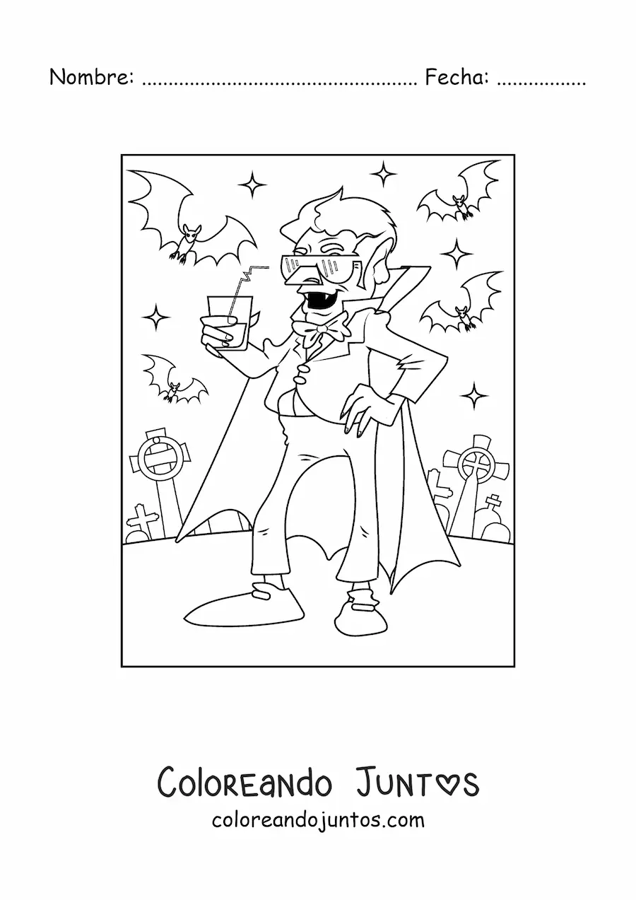 Imagen para colorear de vampiro animado con murciélagos y lentes de sol en un cementerio