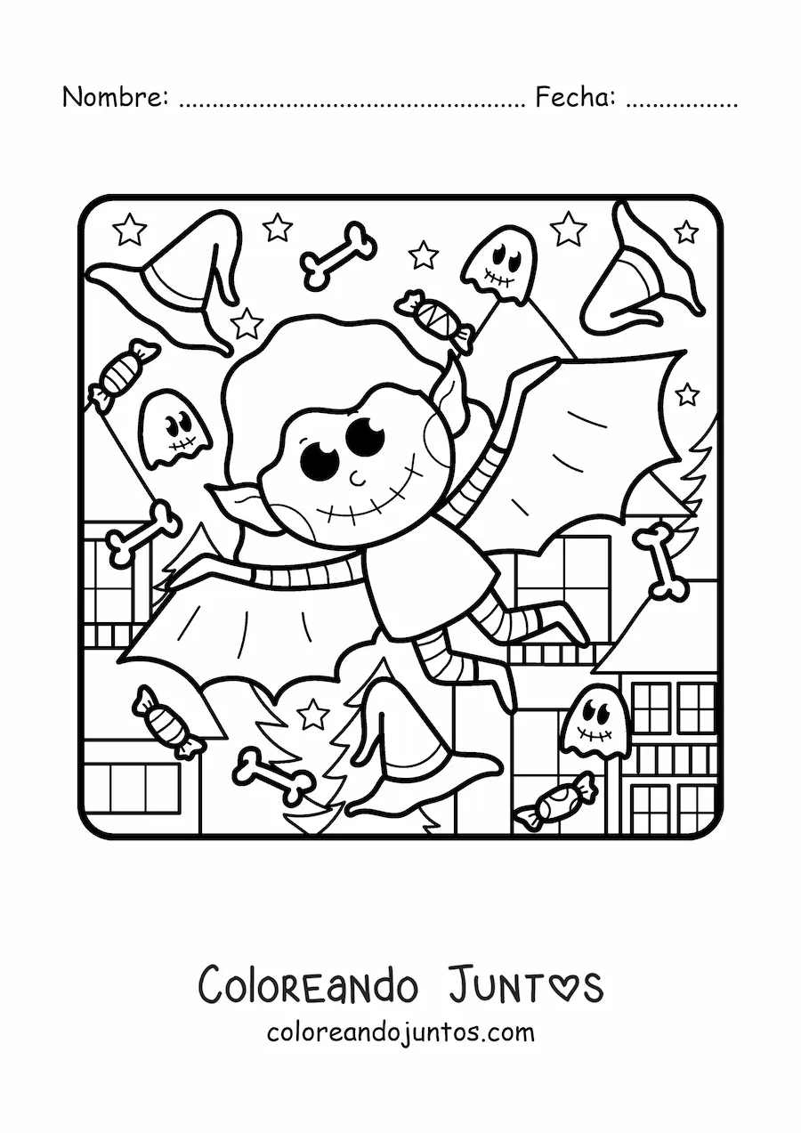 Imagen para colorear de murciélago vampiro kawaii en Halloween