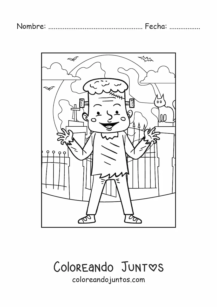 Imagen para colorear de Frankenstein animado en la noche de Halloween