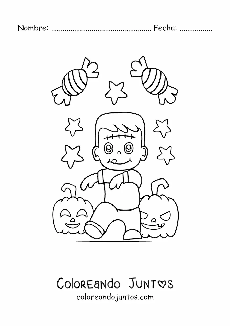 Imagen para colorear de Frankenstein kawaii con calabazas y dulces de Halloween