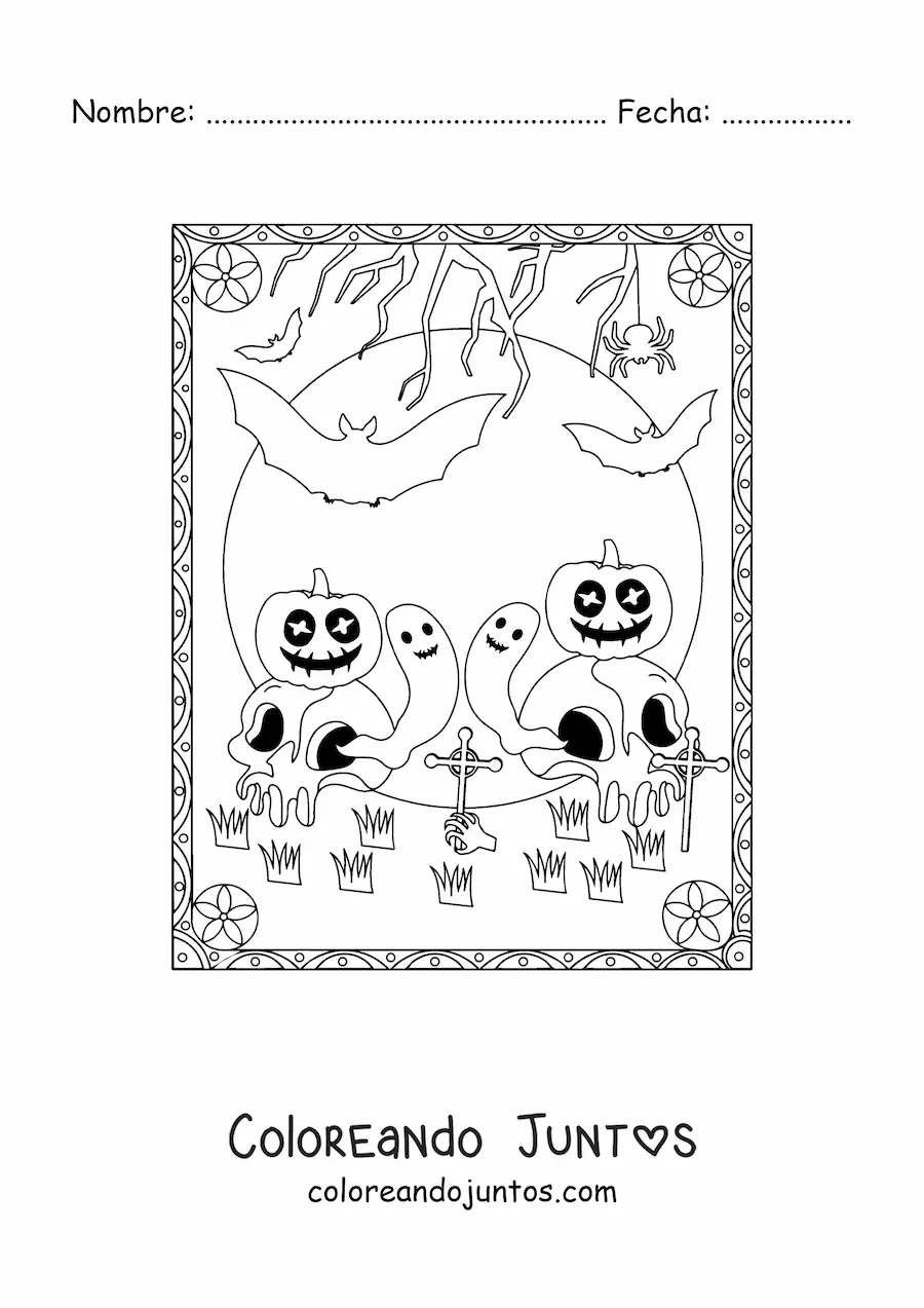Imagen para colorear de calabazas de Halloween aterradoras con calaveras y fantasmas