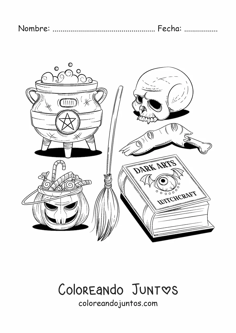 Imagen para colorear de elementos de brujería de terror