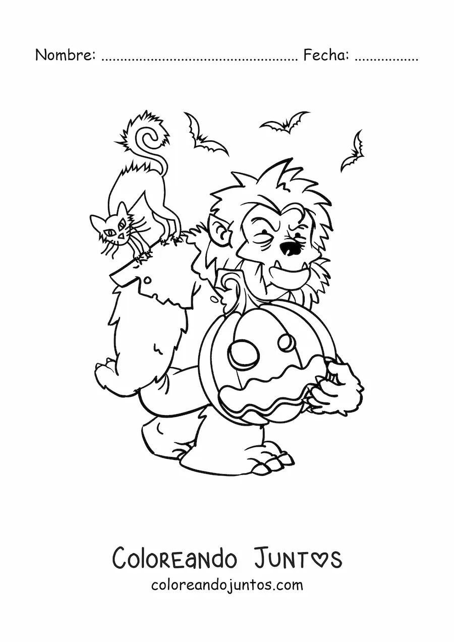 Imagen para colorear de hombre lobo con calabaza de Halloween
