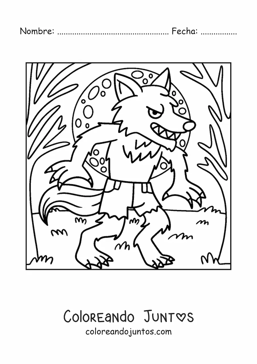 Imagen para colorear de hombre lobo con la Luna llena