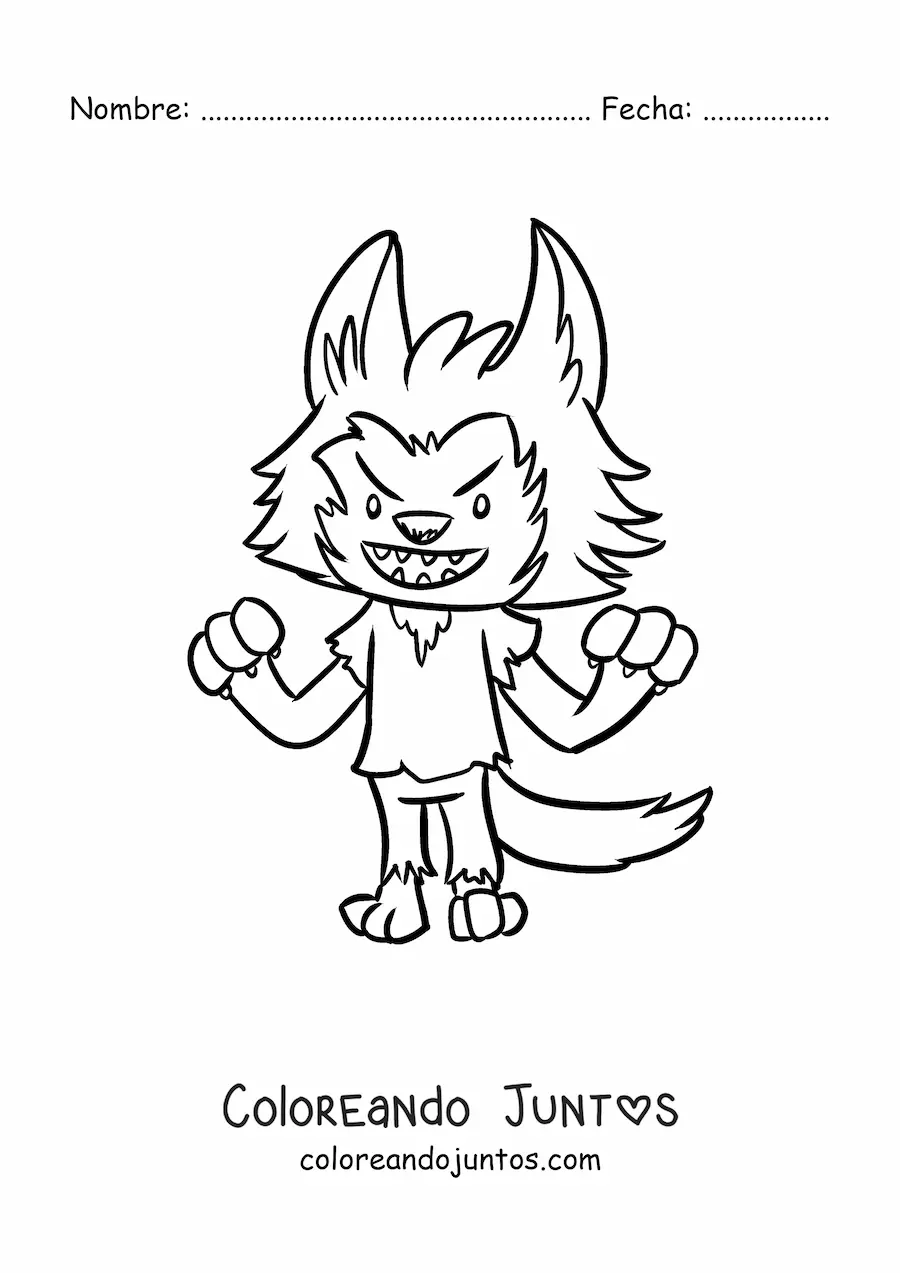 Imagen para colorear de hombre lobo kawaii asustando