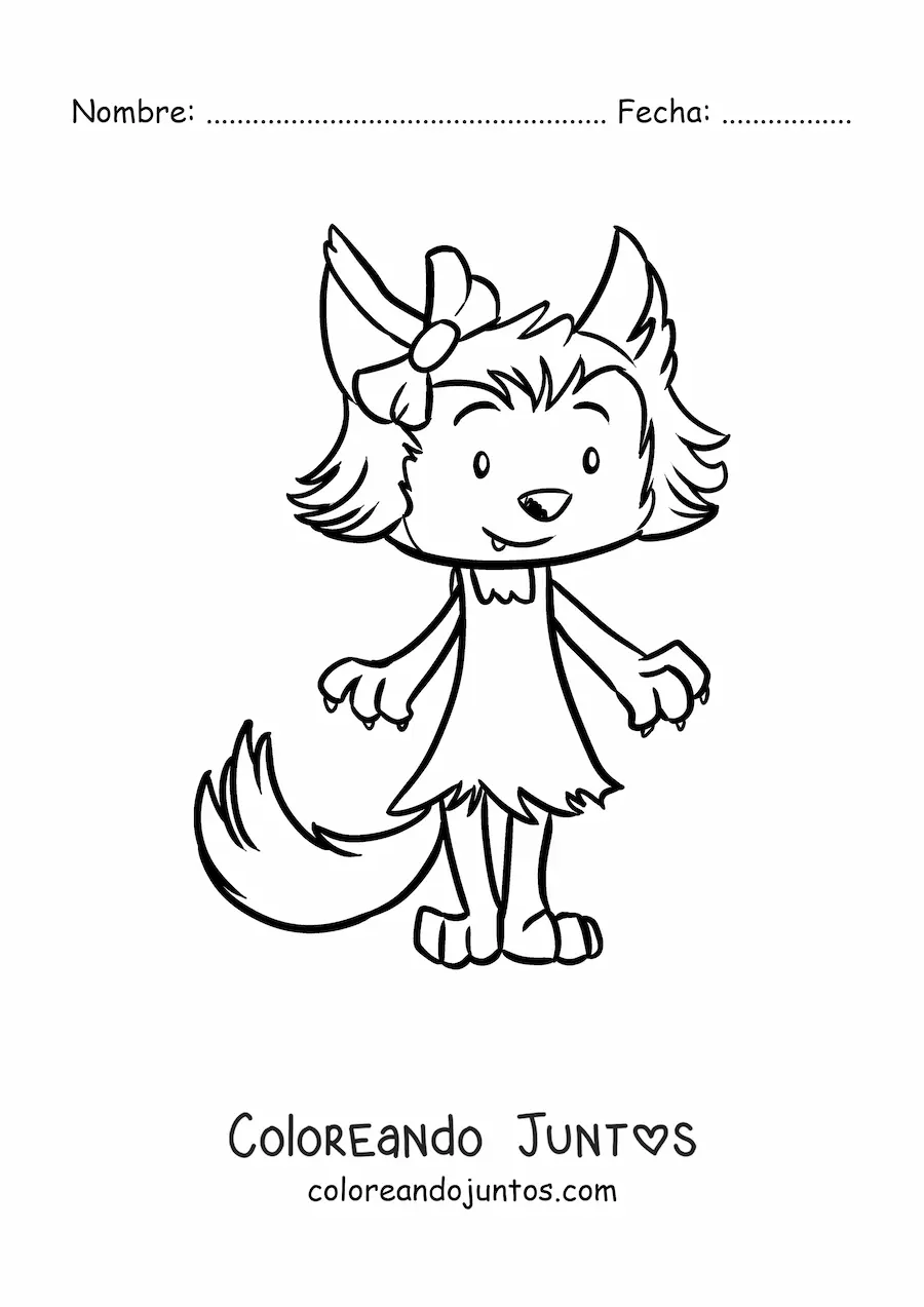 Imagen para colorear de mujer lobo kawaii