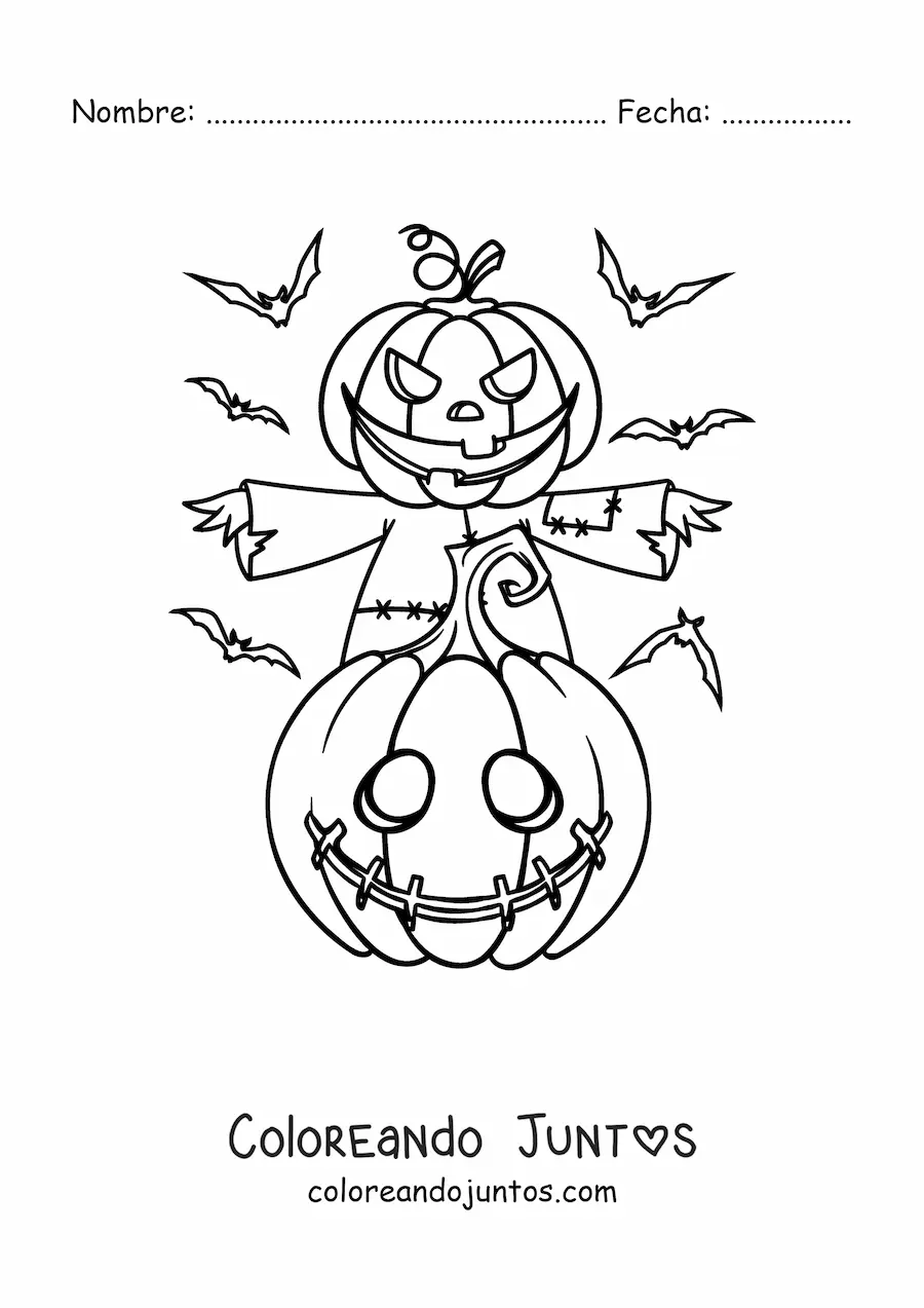 Imagen para colorear de espantapájaros con calabaza de Halloween y murciélagos