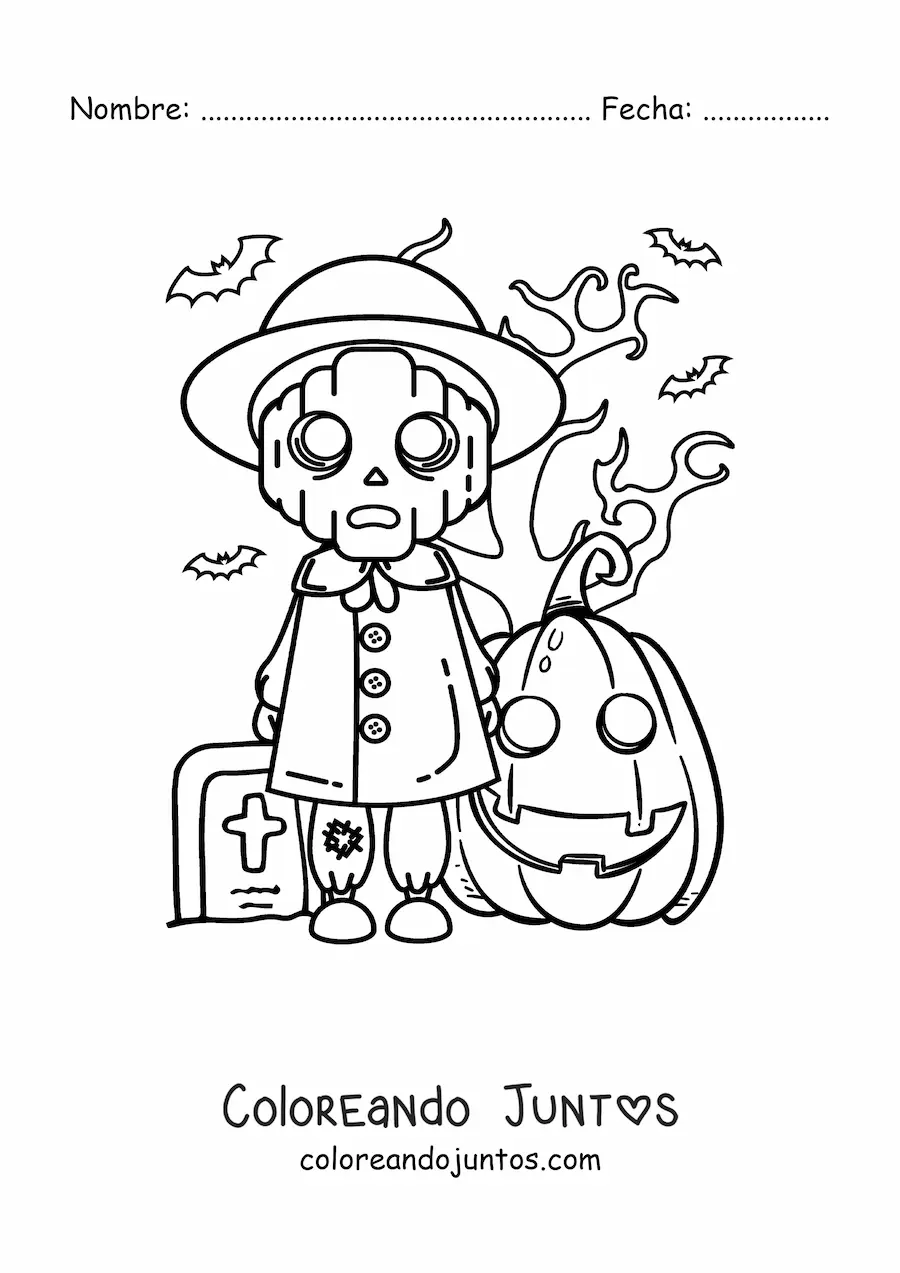 Imagen para colorear de monstruo de Halloween aterrador con calabaza y murciélagos