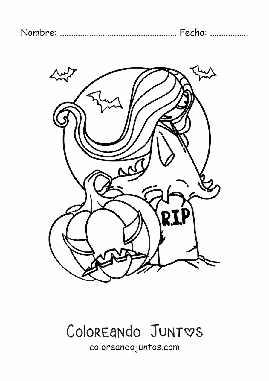 Imagen para colorear de fantasma de Halloween aterrador con calabaza y murciélagos