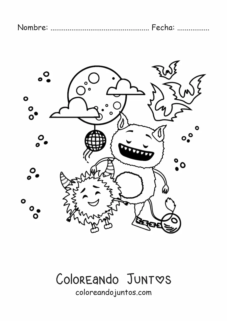 Imagen para colorear de monstruos divertidos de Halloween bailando