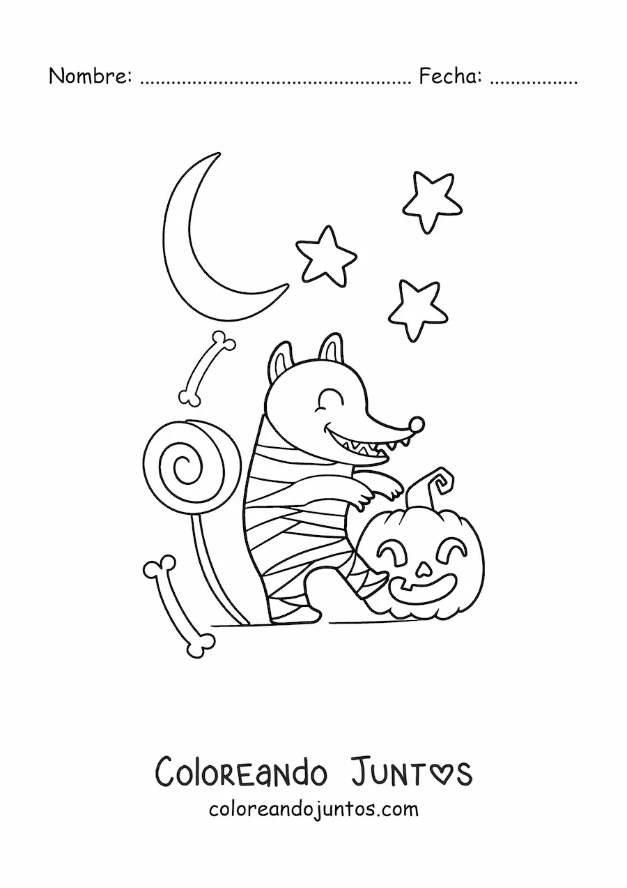 Imagen para colorear de zarigüeya momia kawaii de Halloween
