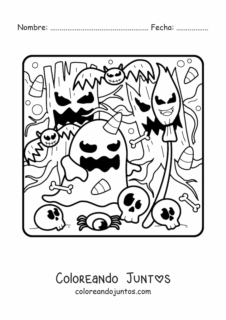 Imagen para colorear de fantasma y árboles de Halloween