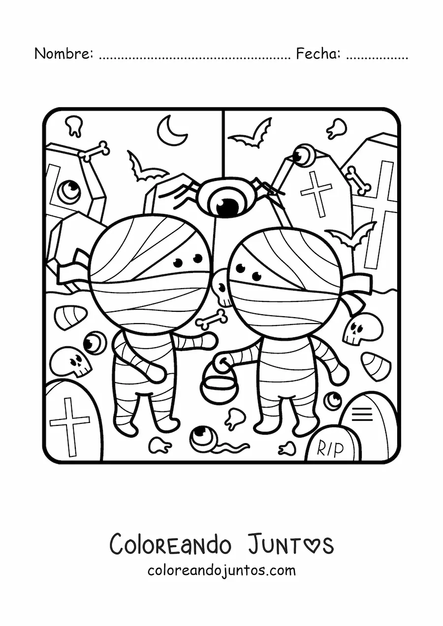 Imagen para colorear de momias kawaii de Halloween