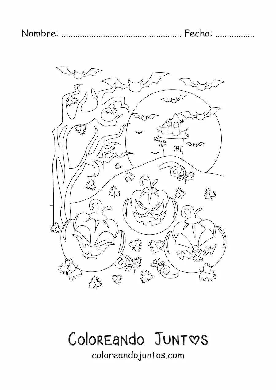 Imagen para colorear de calabazas aterradoras de Halloween con mansión embrujada