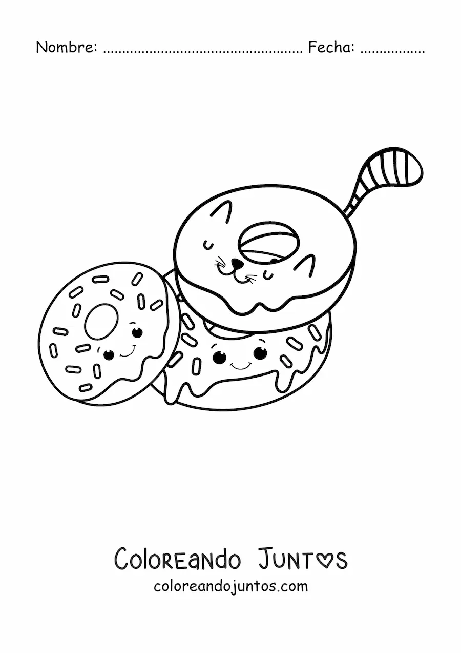 Imagen para colorear de un gato animado como una dona junto a dos donas