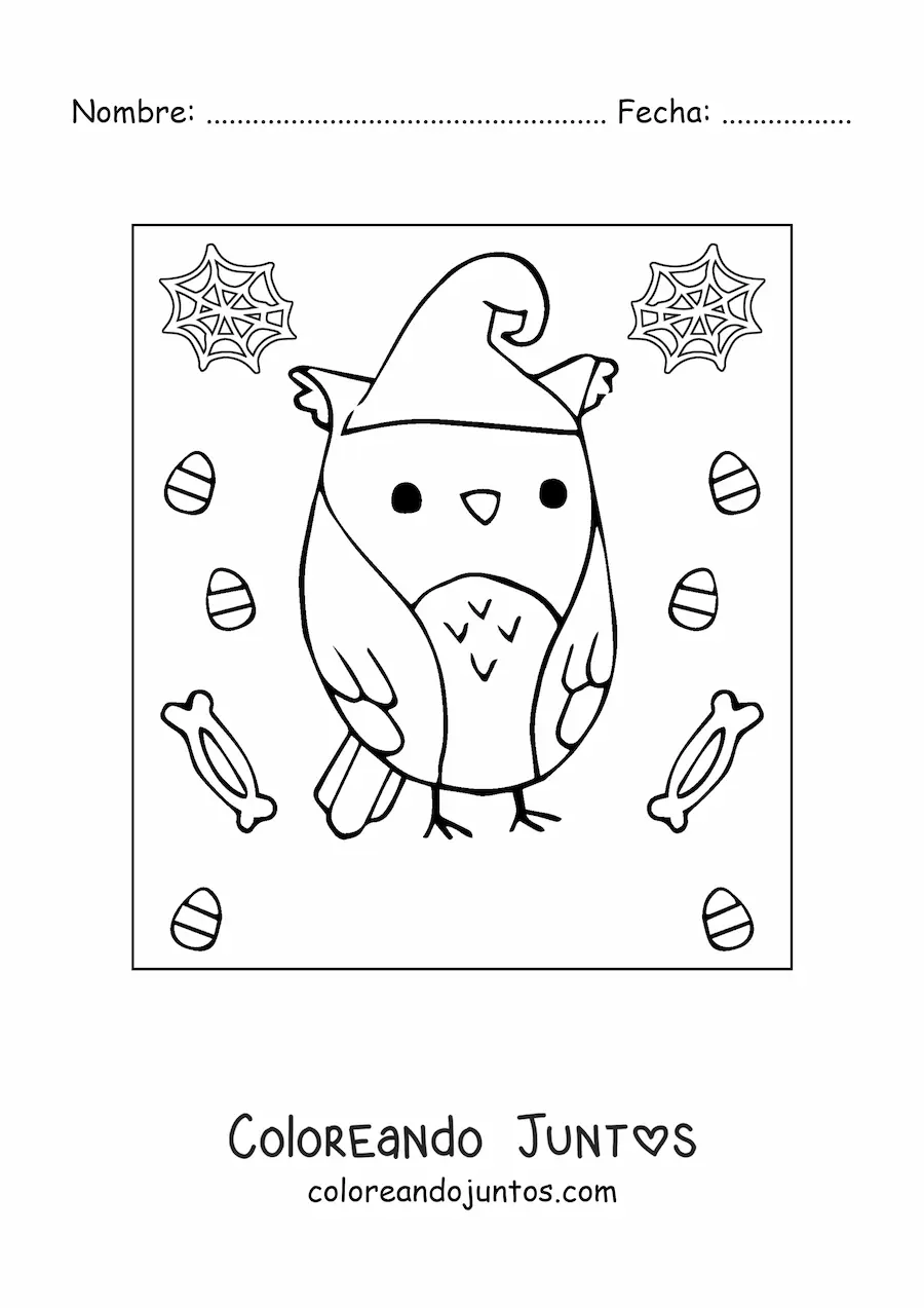 Imagen para colorear de búho kawaii de Halloween con sombrero
