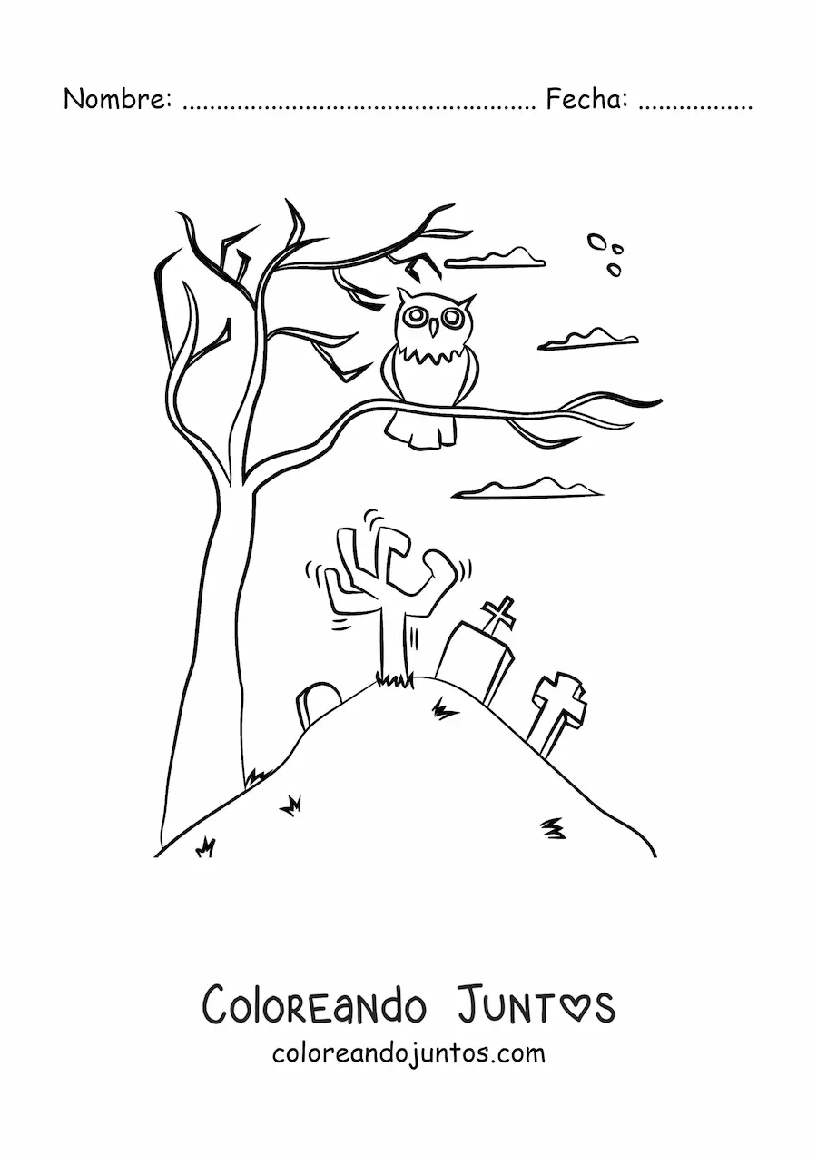 Imagen para colorear de búho de Halloween en un árbol en el cementerio