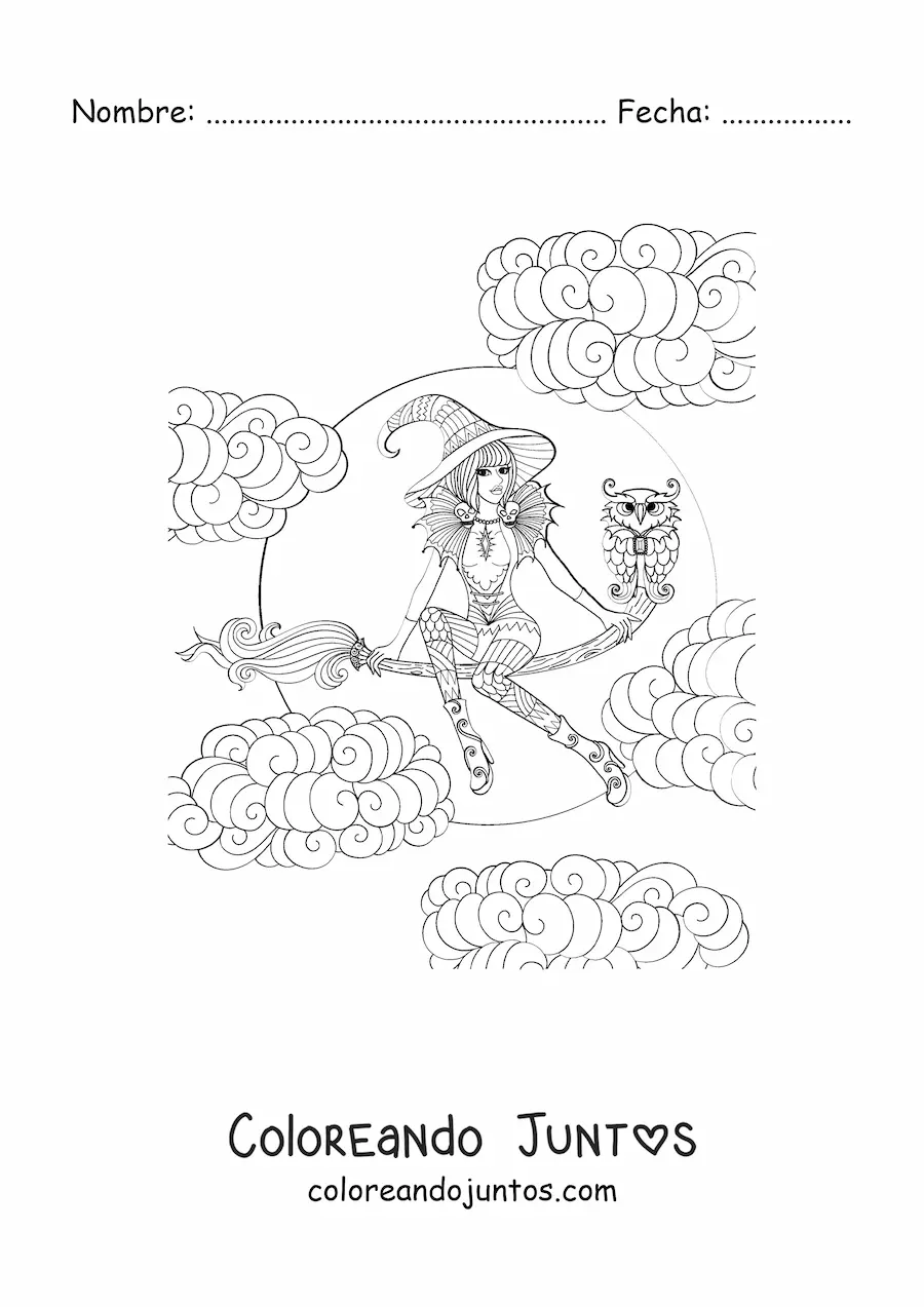 Imagen para colorear de bruja bonita volando en su escoba con búho en Halloween