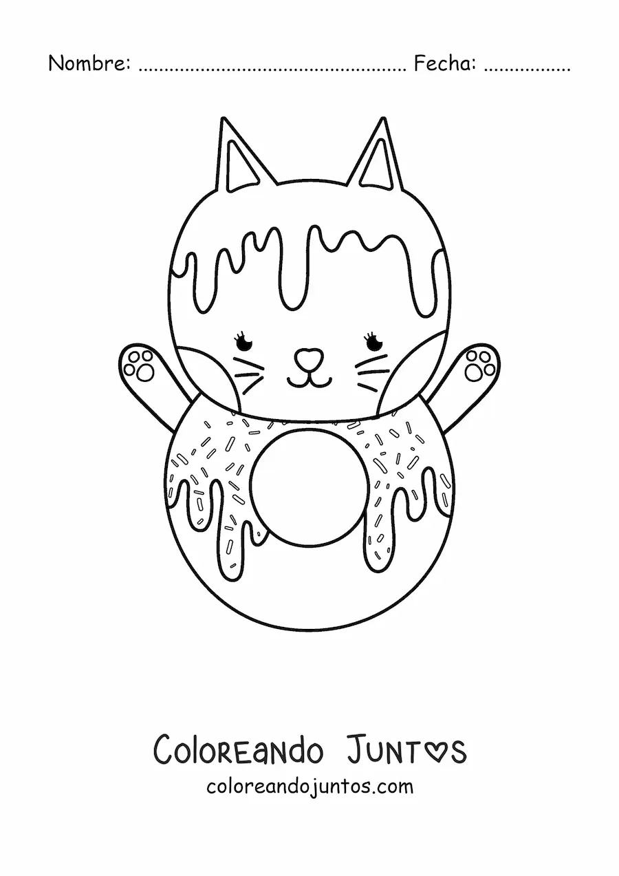 Imagen para colorear de un gato animado con forma de dona kawaii