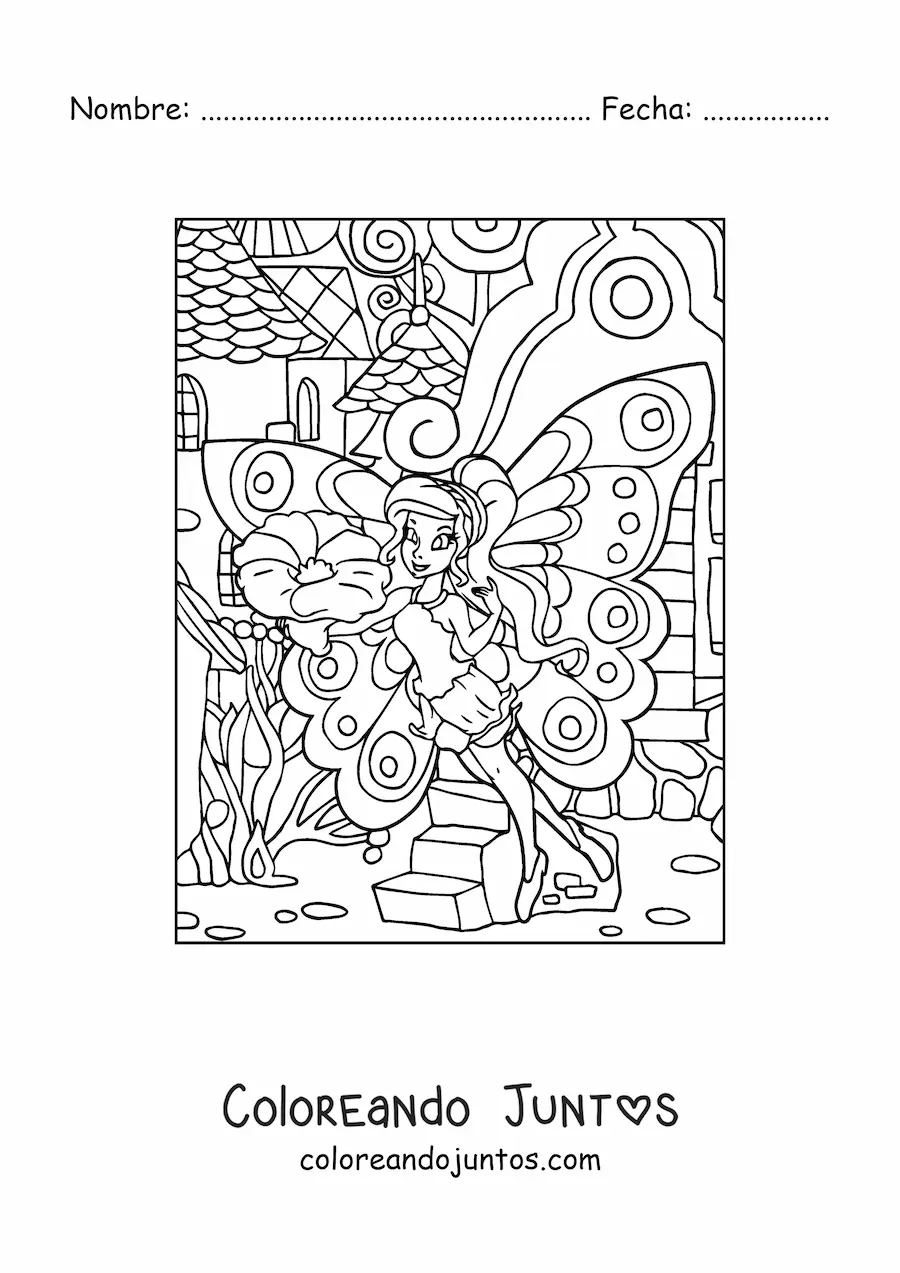 Imagen para colorear de hada hermosa con una flor