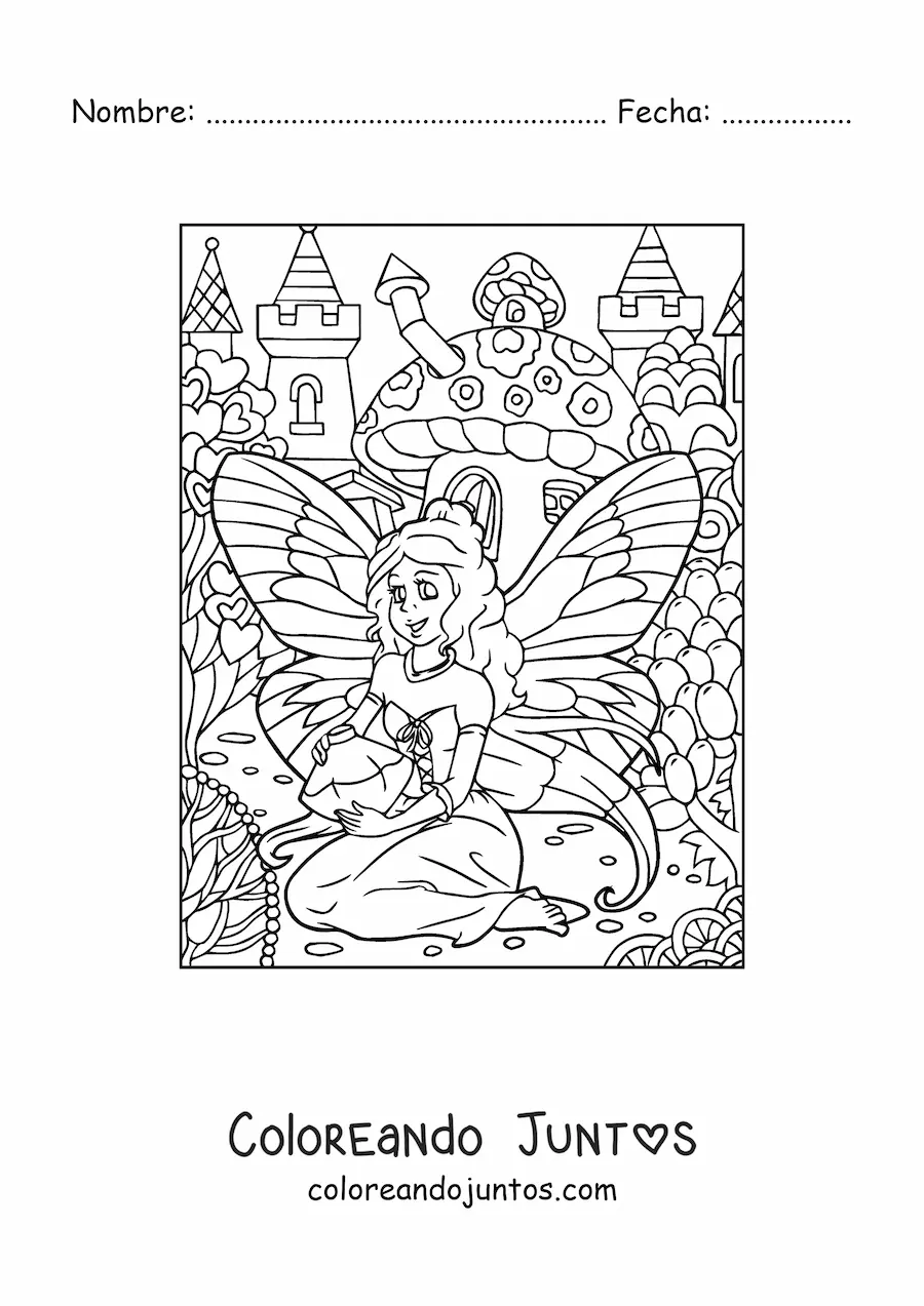 Imagen para colorear de hada del amor en bosque mágico