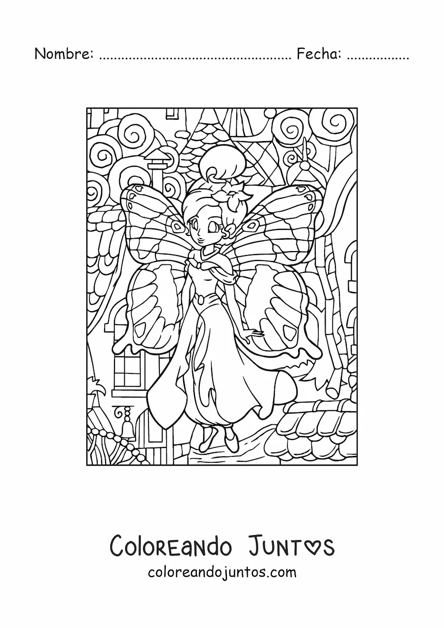 Imagen para colorear de hermosa hada mariposa en bosque encantado