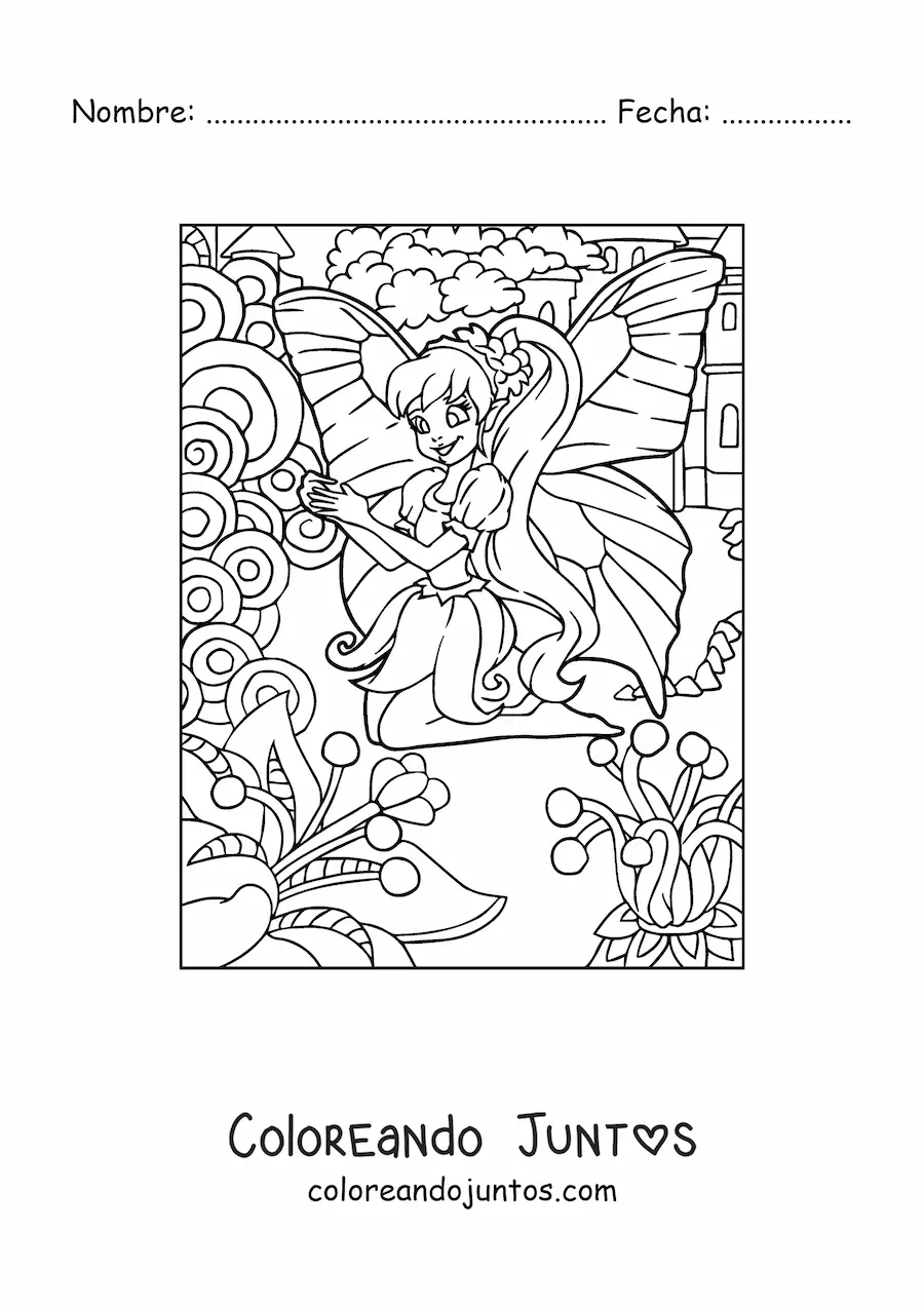 Imagen para colorear de hada mariposa en jardín con flores