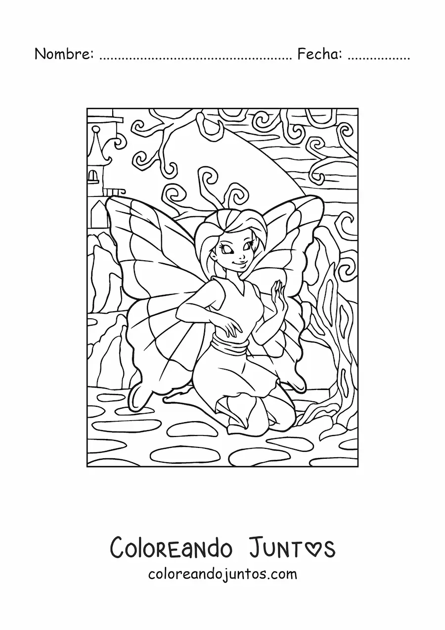 Imagen para colorear de bella hada mariposa sentada en el jardín