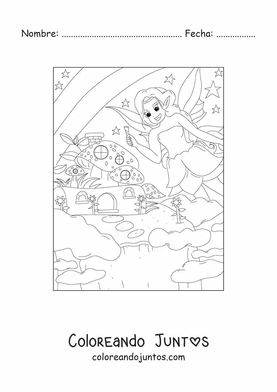 Imagen para colorear de hada de fantasía en bosque mágico estilo anime