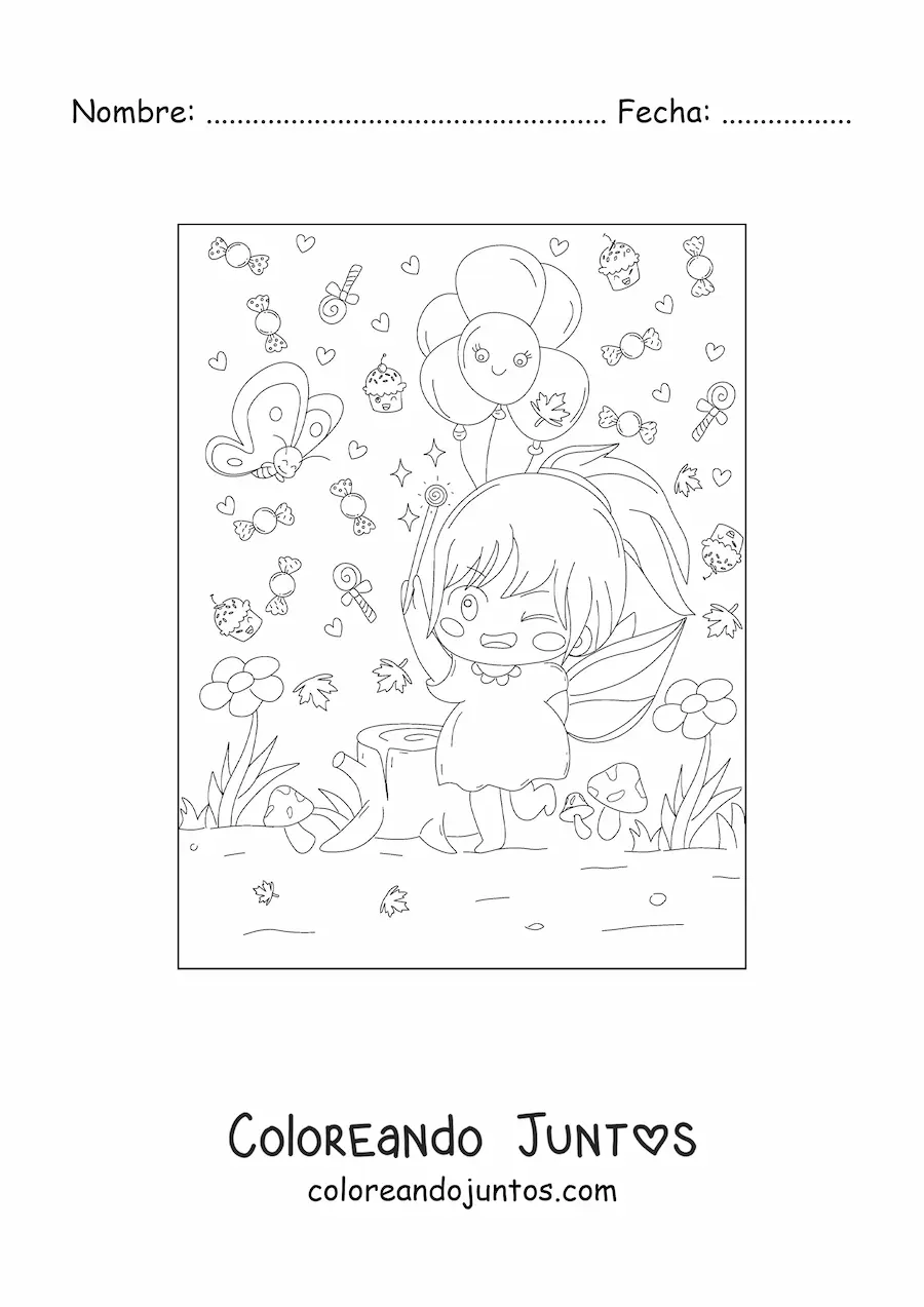 Imagen para colorear de niña hada kawaii en bosque mágico estilo anime