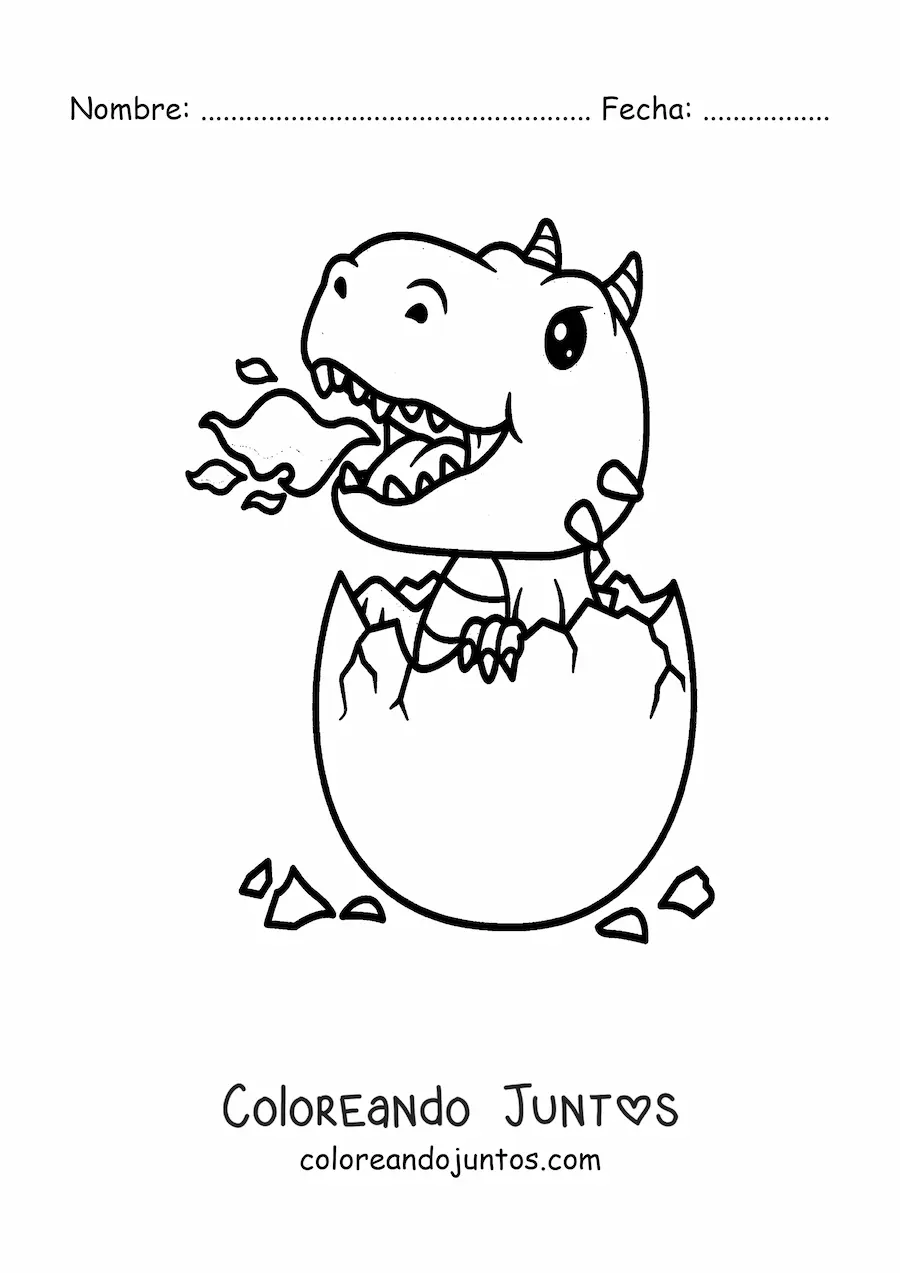 Imagen para colorear de huevo con dragón bebé kawaii escupiendo fuego