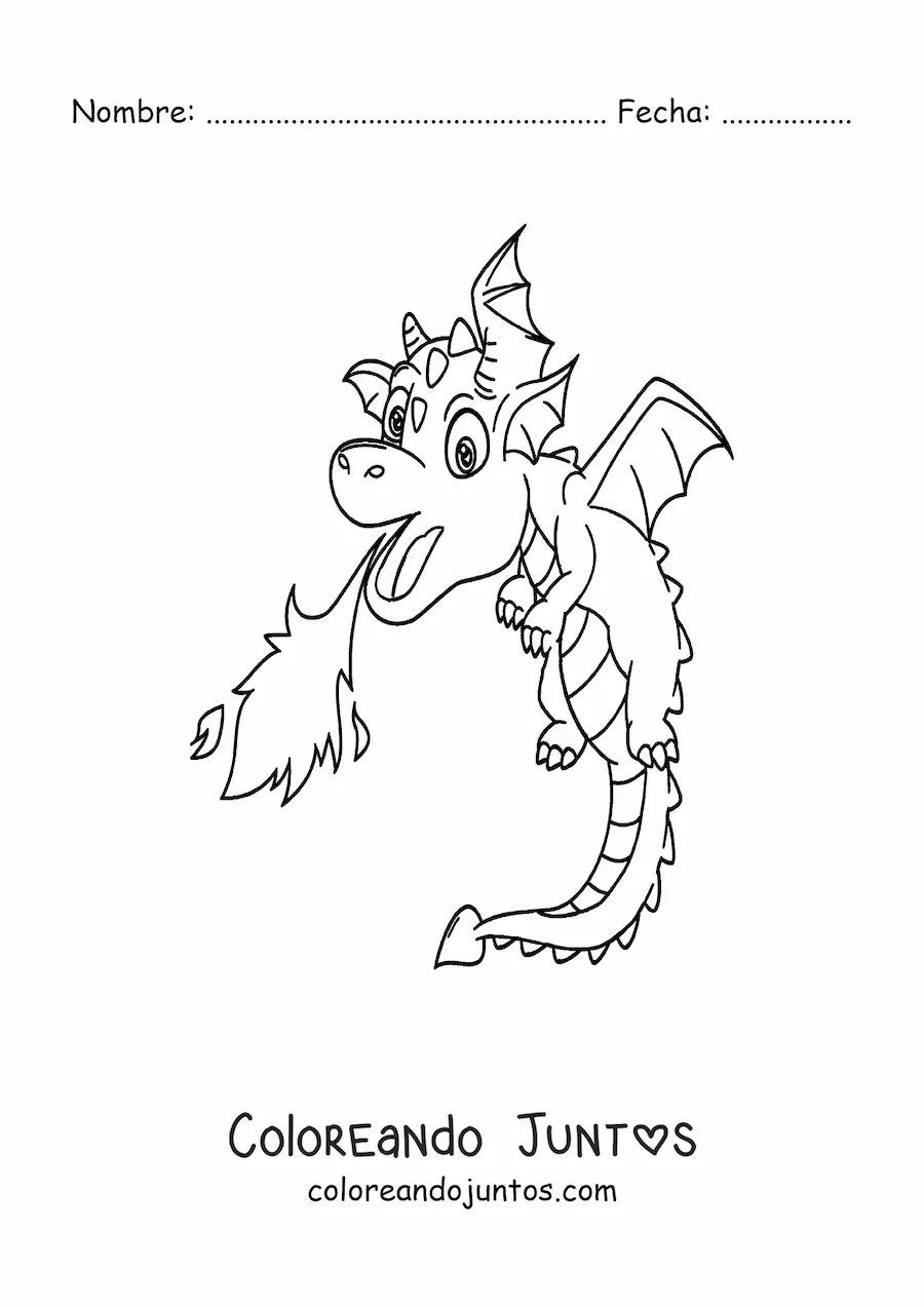 Imagen para colorear de dragón volador lanzando fuego